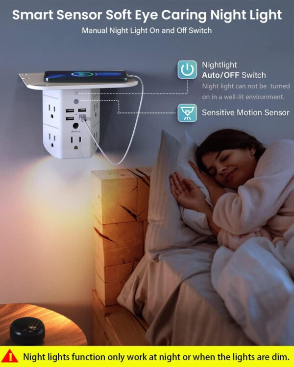 Wall Outlet Extender with Shelf and Night Light,Surge Protector,USB Wall Charger with 5 AC - Image 2