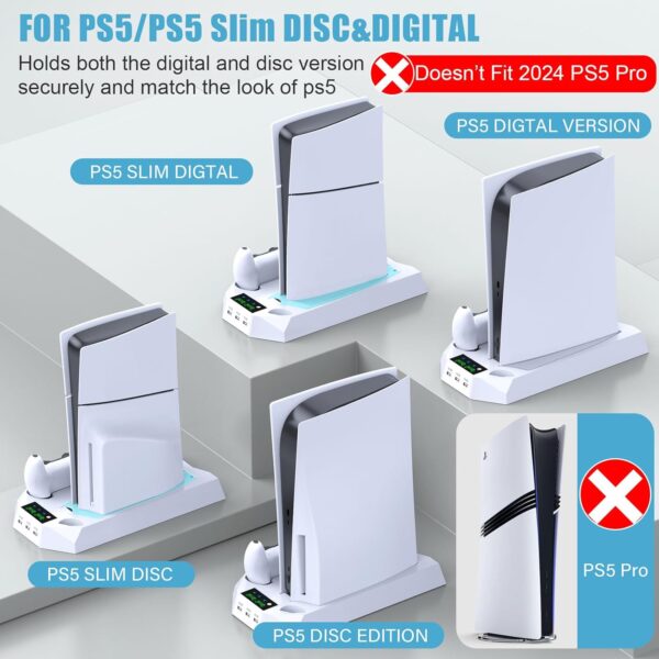 PS5 / PS5 Slim Stand and Cooling Station with Dual Controller Charging Station for PlayStation 5 Console, PS5 Accessories Incl. - Image 3