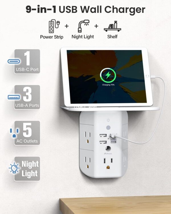 Wall Outlet Extender with Shelf and Night Light,Surge Protector,USB Wall Charger with 5 AC - Image 3