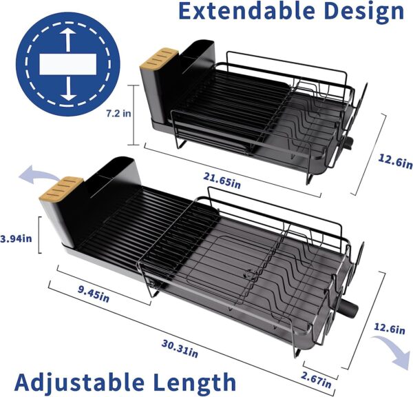 Runnatal Large Dish Drying Rack with Drainboard Set,Dish Rack Extendable Dish Rack, Utensil Holder - Image 3