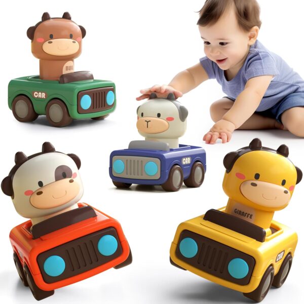 iPlay, iLearn Press to Go Car Toys for Toddlers 1-3, Baby Animal Racing Cars