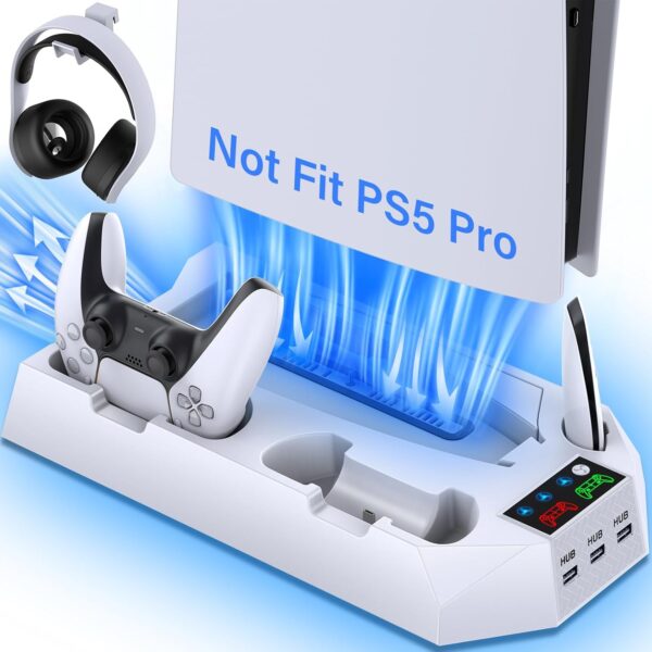 PS5 / PS5 Slim Stand and Cooling Station with Dual Controller Charging Station for PlayStation 5 Console, PS5 Accessories Incl.