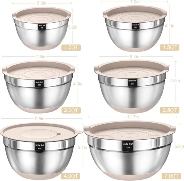 Mixing Bowls with Airtight Lids Set, 26PCS Stainless Steel Khaki Bowls with Grater Attachments, Non-Slip Bottoms & Kitchen Gadgets Set, Size 7, 4, 2.5, 2.0,1.5, 1QT, Great for Mixing & Serving - Image 3