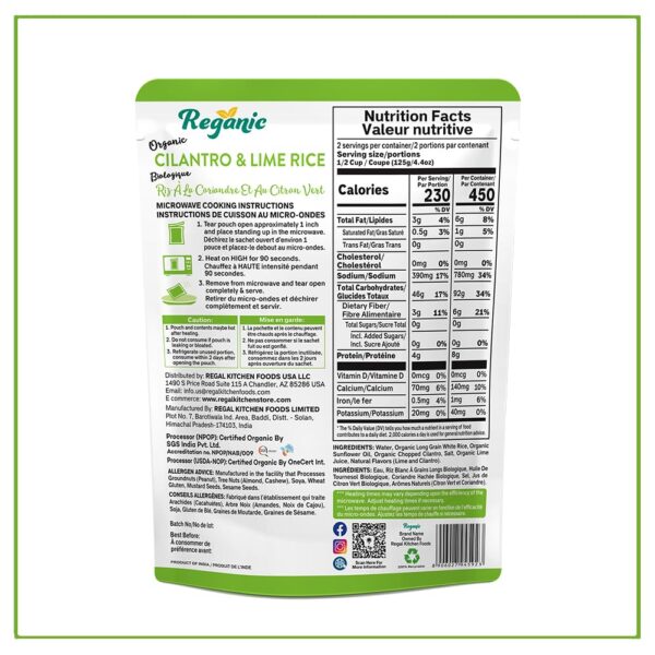 Reganic Cilantro & Lime Rice Organic Heat & Eat Microwaveable Rice, 8.8 - Image 3