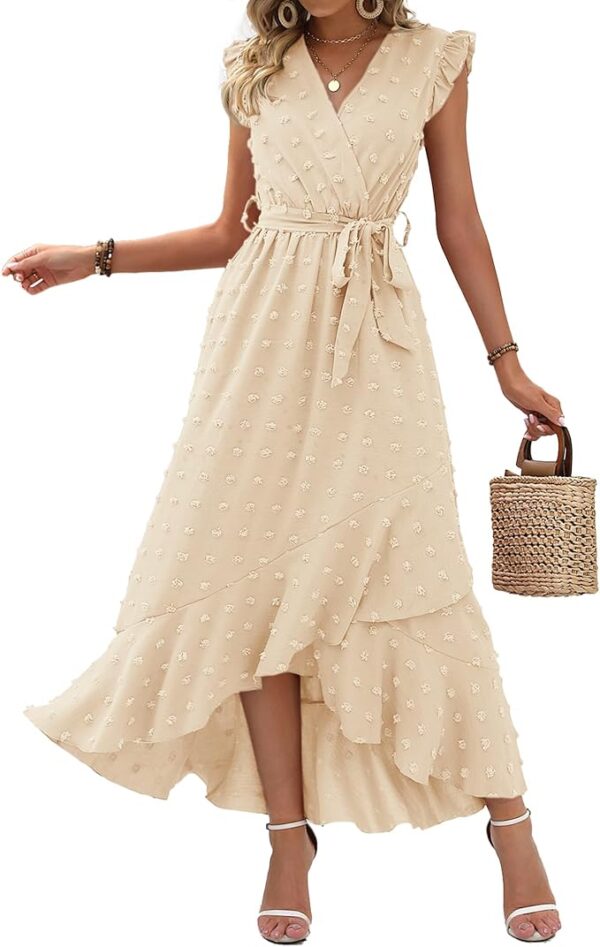 BTFBM Women V Neck Summer Dress 2025 Cap Sleeve Swiss Dot Boho Flowy