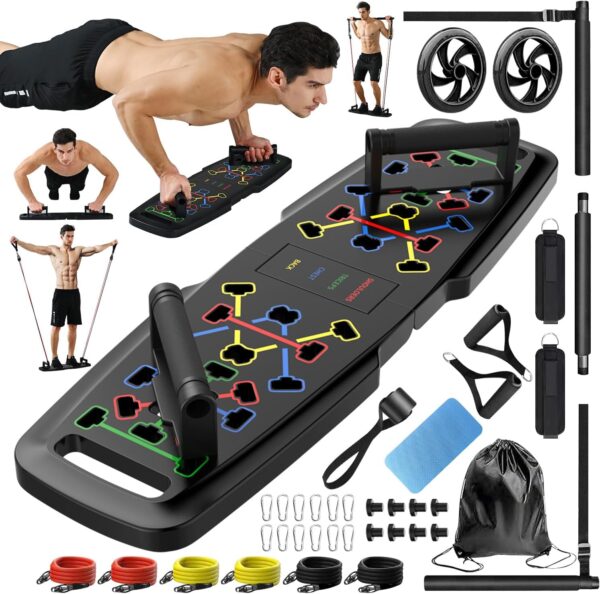 Push Up Board,Home Gym,Portable Exercise Equipment,Pilates Bar and 20 Fitness Accessories with Resistance Bands and Ab Roller Wheel