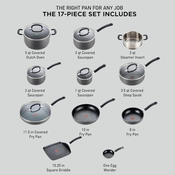 T-fal Ultimate Hard Anodized Nonstick Cookware Set 17 Piece, Oven Broiler Safe 400F - Image 2