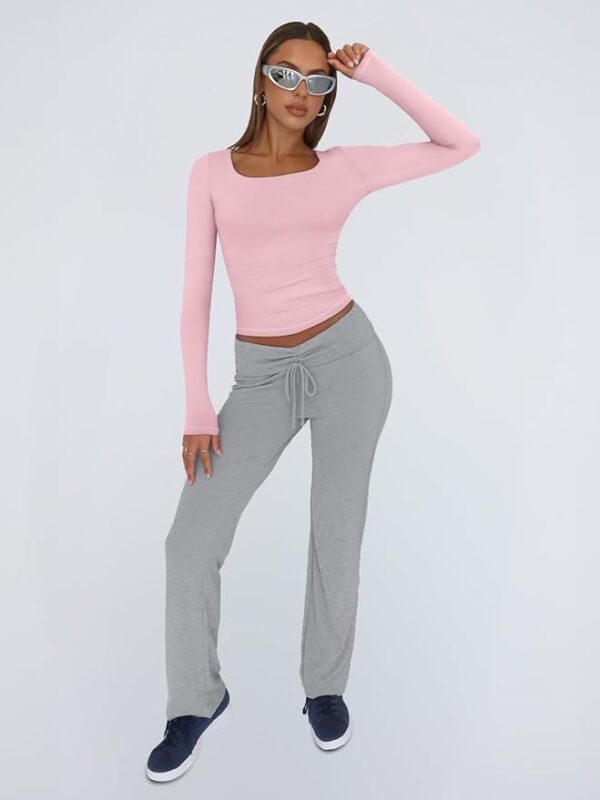 Trendy Queen Womens Long Sleeve Shirts Crop Tops Square Neck Going - Image 2