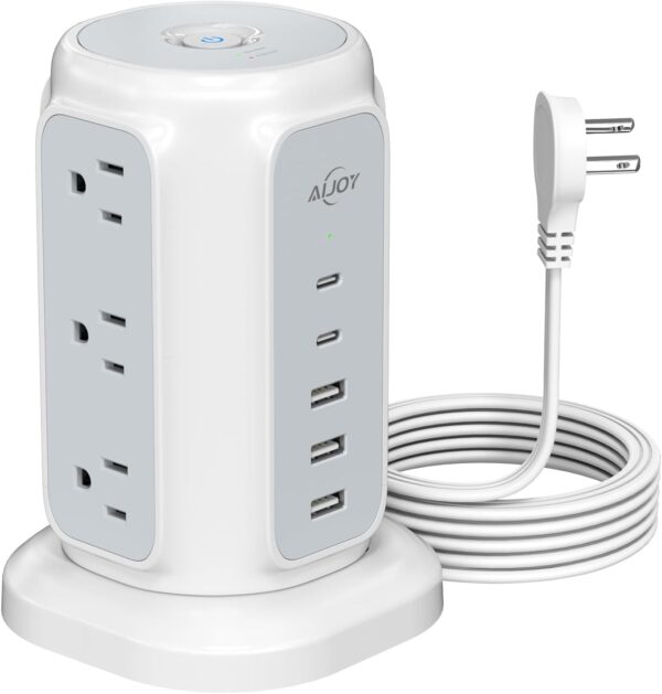 AiJoy Power Strip Tower with 9 Outlets and 5 USB Ports(2 USB C), 1200J Surge