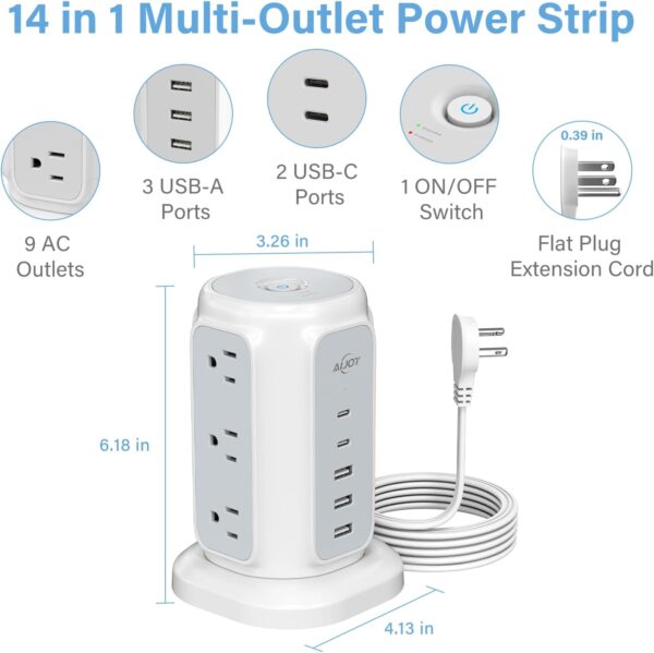 AiJoy Power Strip Tower with 9 Outlets and 5 USB Ports(2 USB C), 1200J Surge - Image 3