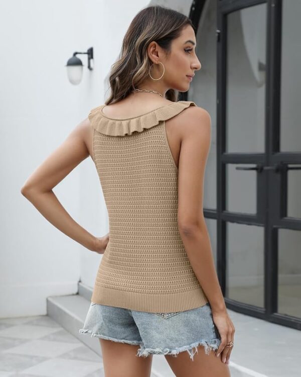 Tanou Women's Ruffled Neckline Sweater Vests Hollow Out Crochet Sleeveless - Image 3