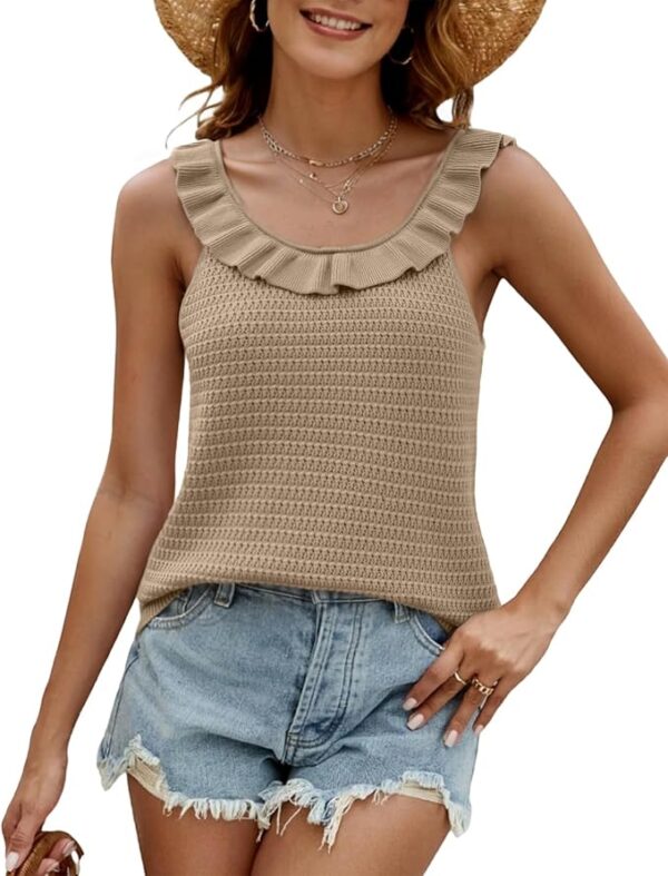 Tanou Women's Ruffled Neckline Sweater Vests Hollow Out Crochet Sleeveless