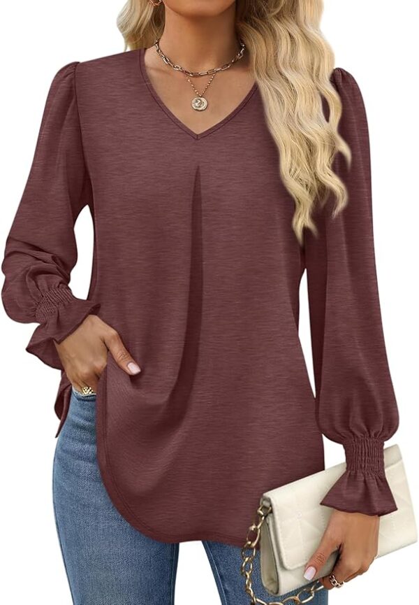 Womens V Neck Puff Long Smocked Sleeve Shirts Tunic Tops Dressy Casual