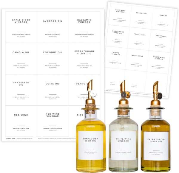 Clean-Modern White Oil & Vinegar Labels by Paper & Pear - Waterproof + Oil