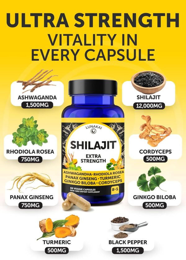 Lunakai USA Made Pure Shilajit Capsules with Ashwagandha, Rhodiola - Image 2