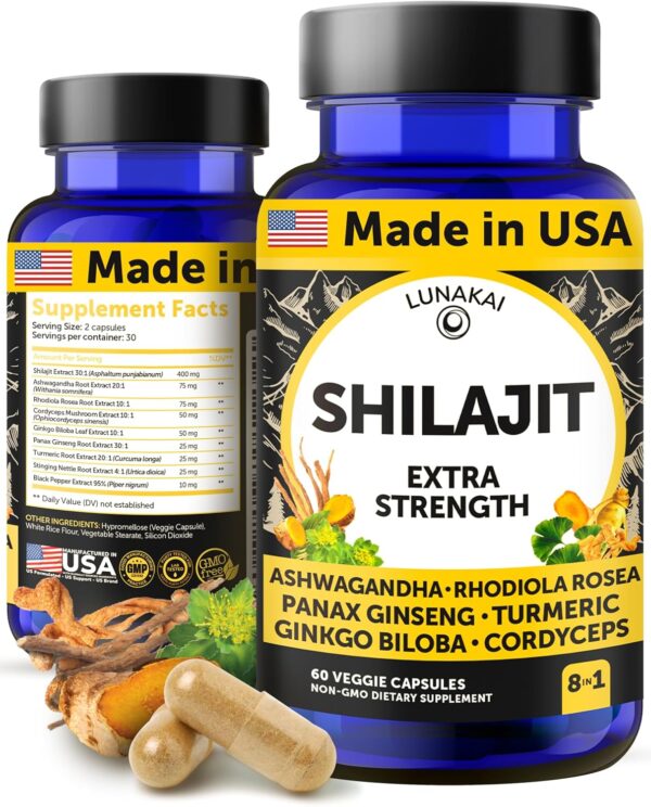 Lunakai USA Made Pure Shilajit Capsules with Ashwagandha, Rhodiola