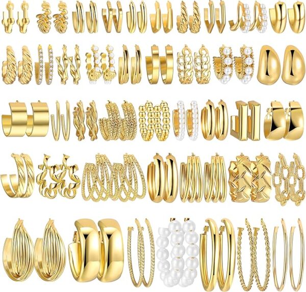 42 Pairs Gold Hoop Earrings Set for Women, Fashion Chunky Pearl Earrings